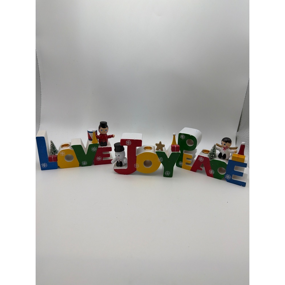 Vintage 1980 Giftco Wooden Christmas Candle Holders Love Joy Peace Set of 3
